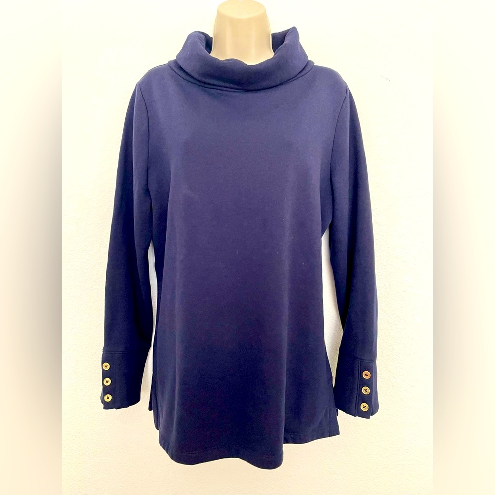 TALBOTS Navy Cowl Funnel Neck Pullover Sweater Sweatshirt Gold Button Accents